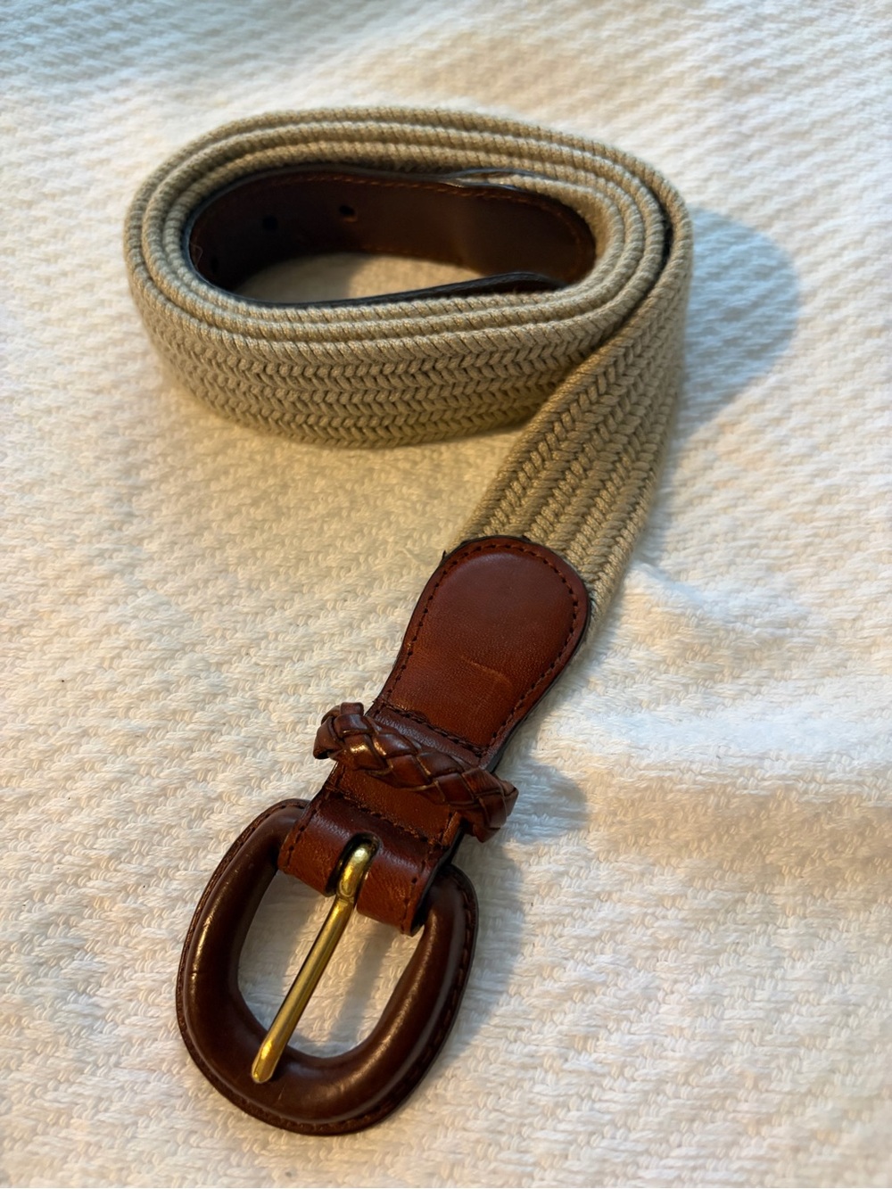 TALBOTS-Natural Woven Stretchy Belt with Brown Leather Trim Sz L